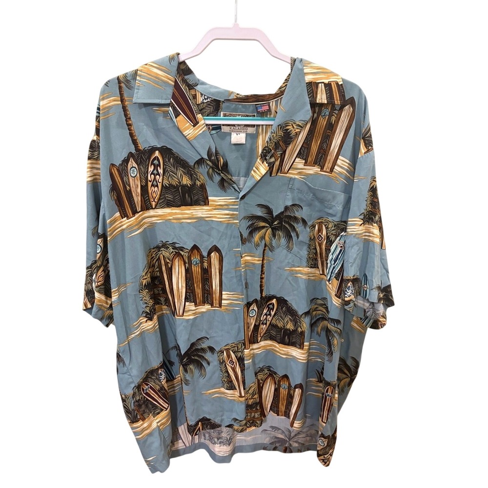 Kalaheo Mens Hawaiian Shirt XL Blue Surfboard Palm Tree Beach Made in Hawaii 258